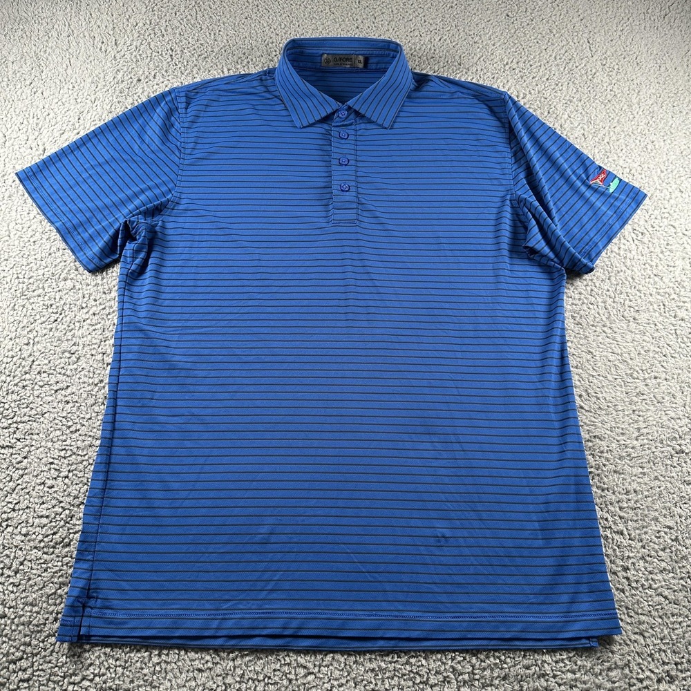 G/FORE Golf Polo Shirt Mens XL Blue Stripe LACC Logo Performance Stretch Wicking